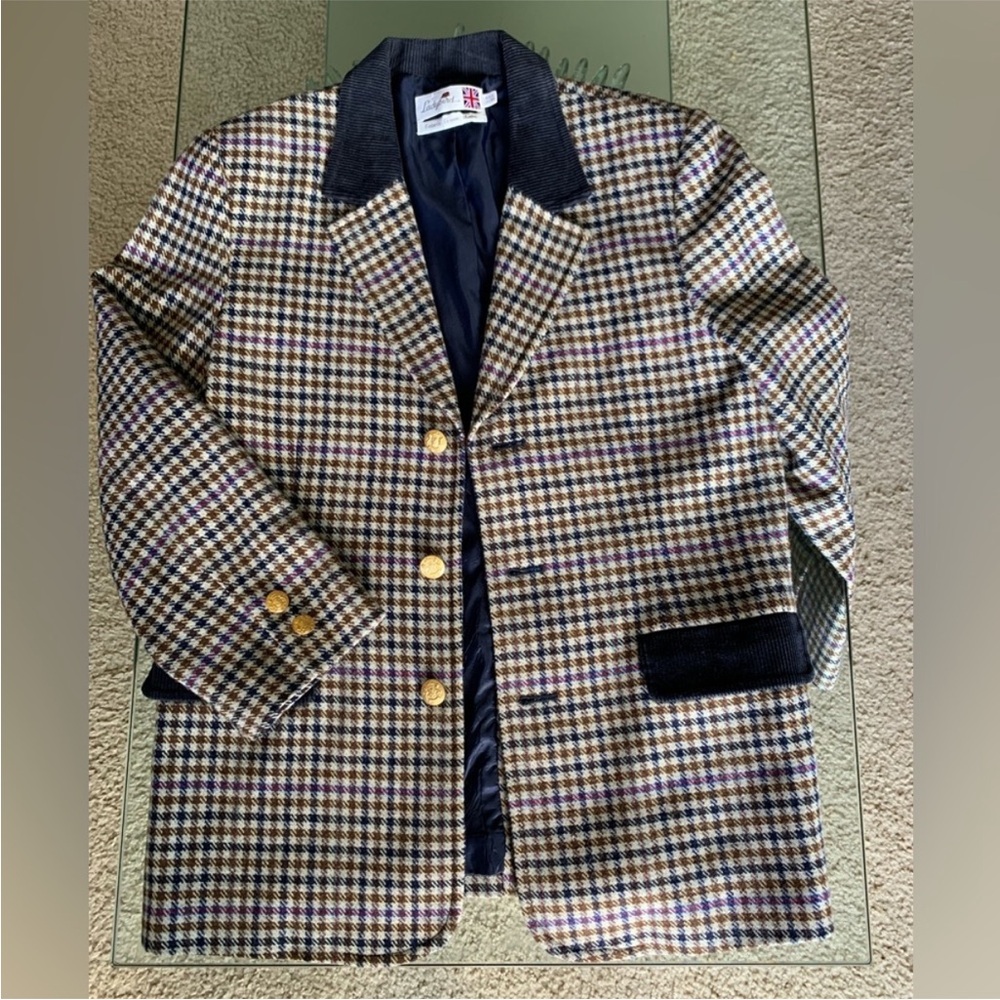 Ladybird kids navy brown Blazer plaid gold buttons